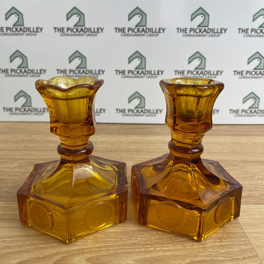 Vintage Amber Glass Coin Medallion Candlestick Holders Liberty Bell Set of 2
